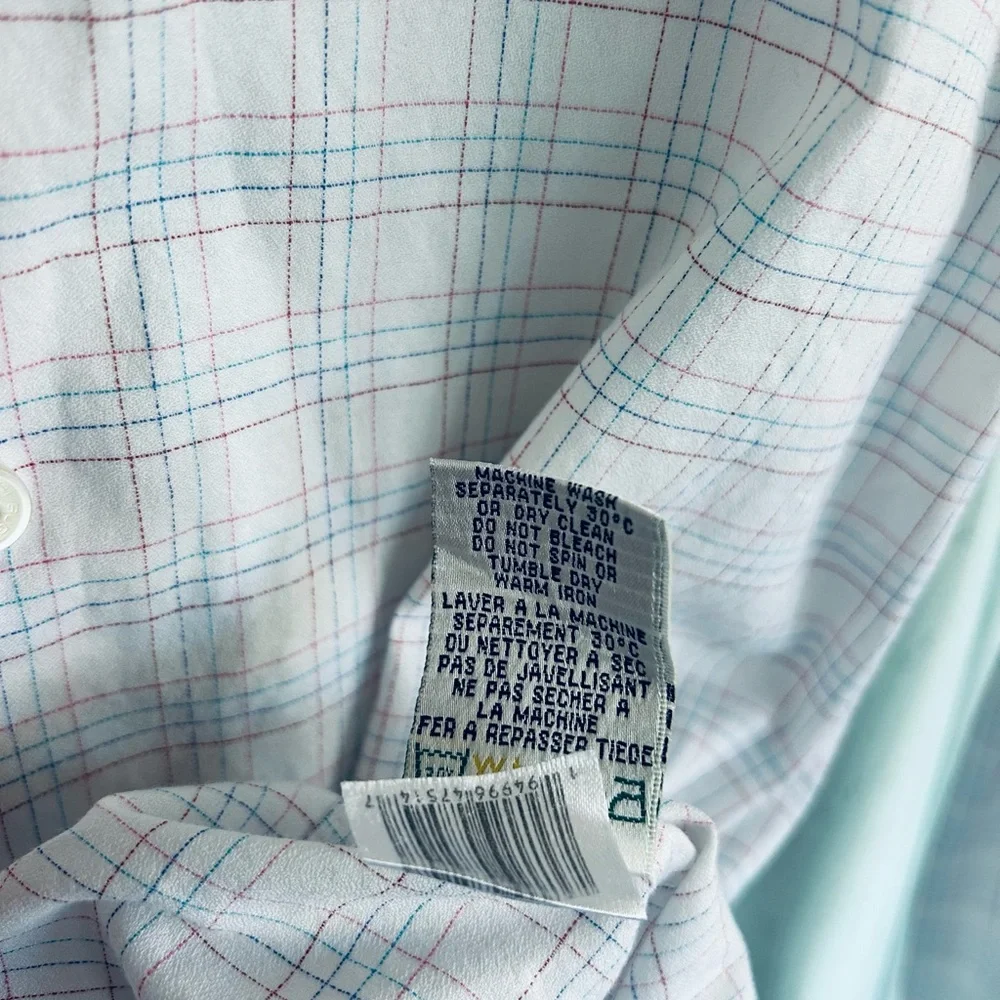 Bugatchi Button-Down Size 17 34/35 White Blue Pink Check Stretch LS (B9-1052)